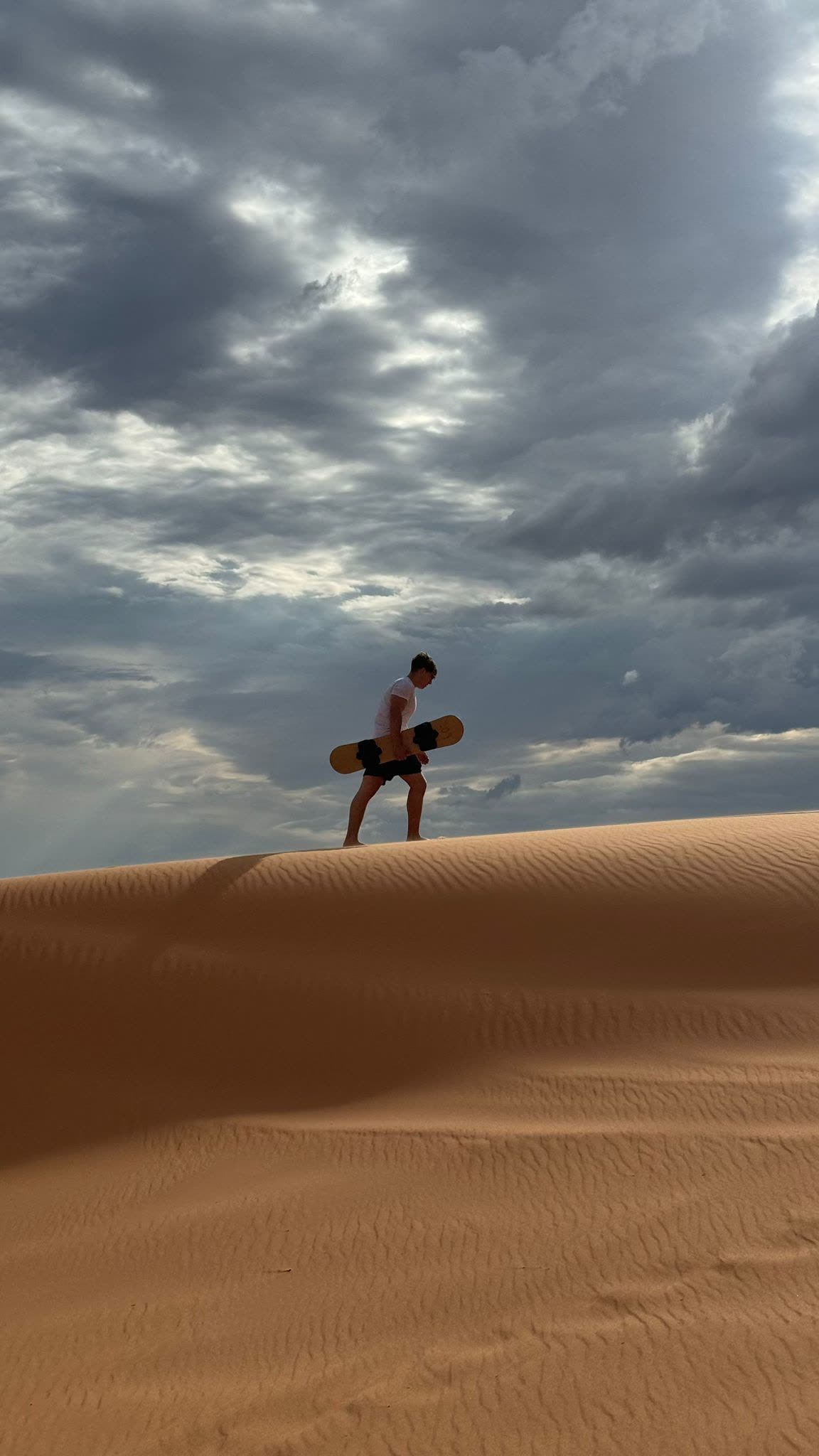 Camper sandboarding down a desert dune